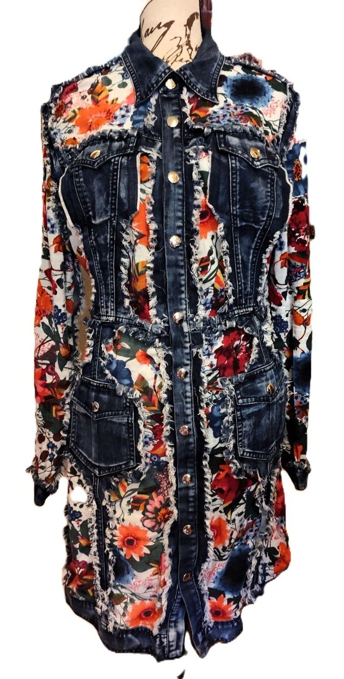 ADORE Distressed Denim Floral Duster Jacket Dress Artsy Boho Western Large EUC